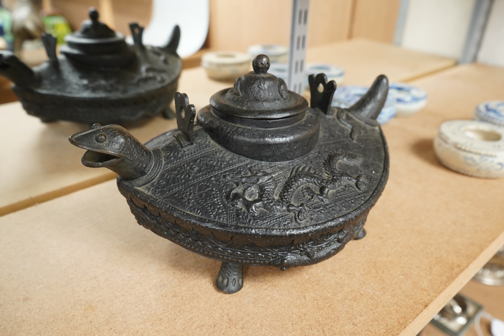 A Chinese cast bronze 'tortoise’ ritual tea kettle, 30cm long